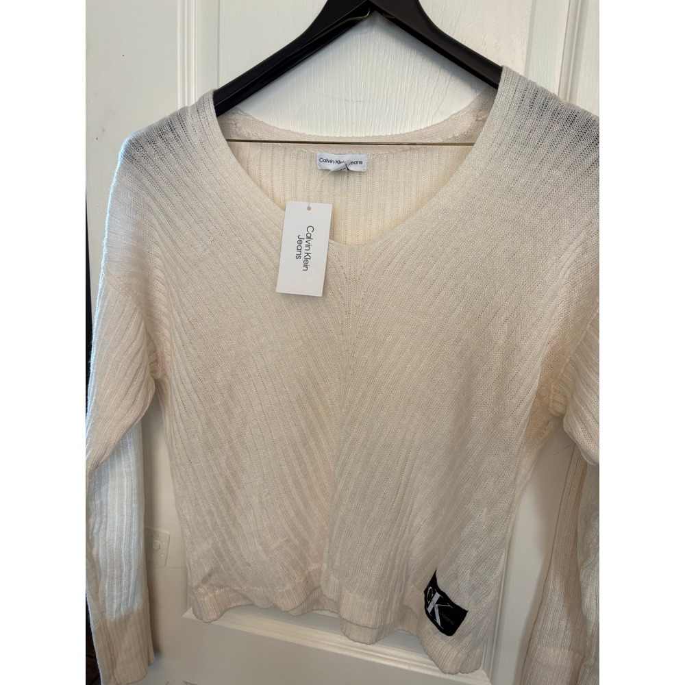Calvin Klein Jeans Womens Ribbed V-Neck Sweater Cream Off White CK Logo NWT Smal - Picture 9 of 10